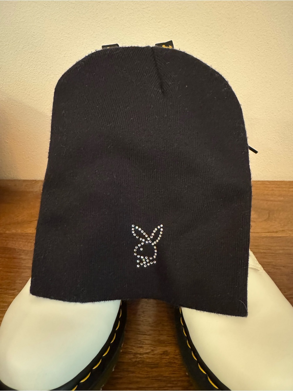 Black Knit Beanie with Rhinestone Playboy Bunny